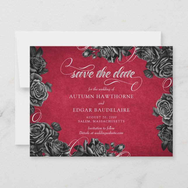 Save The Date Mariage gothique Rose noir rouge (Devant)