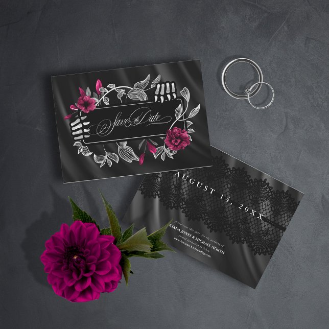 Save The Date Mariage gothique sacré squelette dentelle bordeaux (Créateur téléchargé)