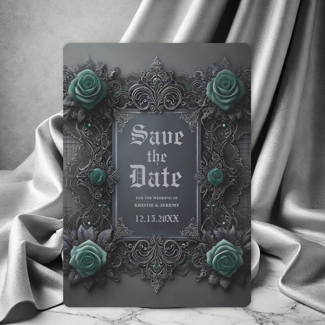 Save The Date Mariage gothique Turquoise gris floral Enregistrer (Créateur téléchargé)