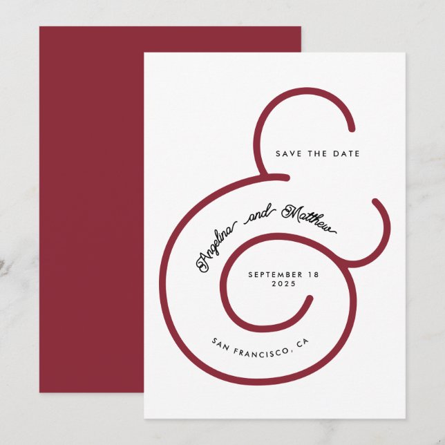 Save The Date Mariage Gras Moderne Rouge Script Grand Ampersand (Devant / Derrière)