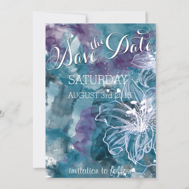 SAVE THE DATE MARIAGE HIBISCUS EN COULEUR D'EAU BLEU (Devant)