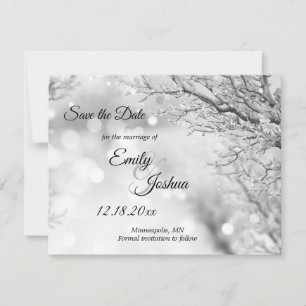 Save The Date Mariage hivernal avec neige mousseuse et glace