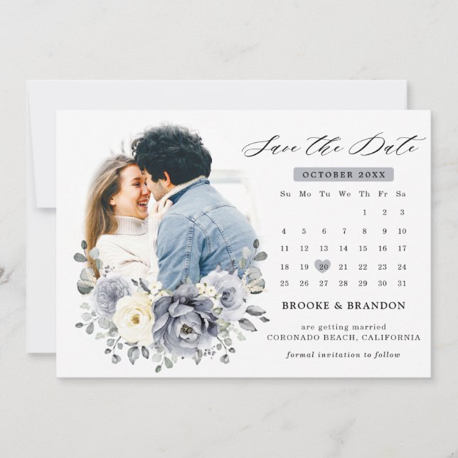 Save The Date Mariage hivernal rustique floral gris argent et iv (Devant)