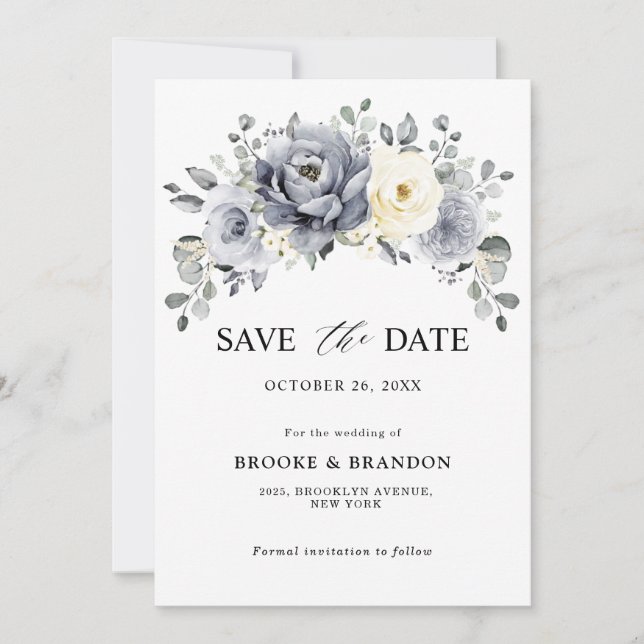 Save The Date Mariage hivernal rustique floral gris argent et iv (Devant)