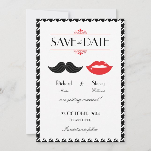 Save The Date Mariage Houndstooth Rouge, Noir & Moustache et Lèv (Devant)