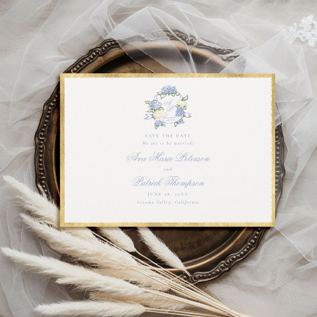 Save The Date Mariage Hydrangeas Crest Bleu Ivoire Cadre Doré (formal wedding save the date modern classic traditional frame hydrangea crest gold blue periwinkle )