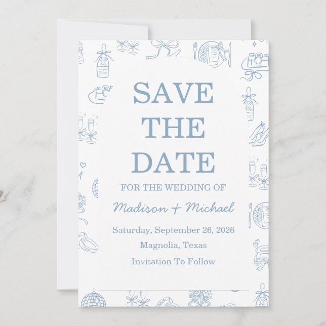 Save The Date Mariage illustré à main lunaire dessiné bleu (Devant)