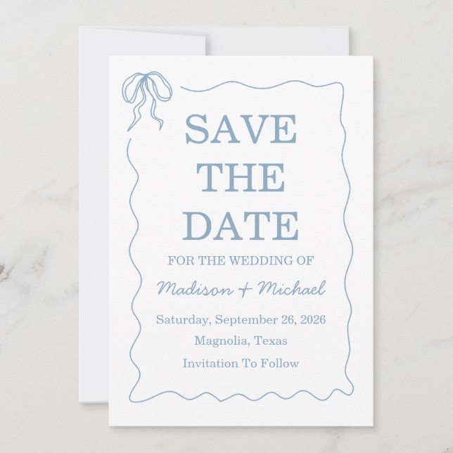 Save The Date Mariage Illustré Bleu Dessiné à la Main de manière (Devant)