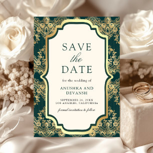 Save The Date Mariage indien dentelle or sarcelle