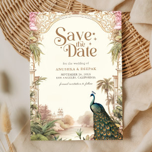 Save The Date Mariage indien élégant vintage paon jardin