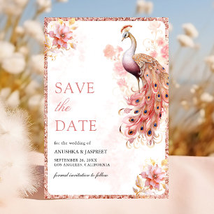 Save The Date Mariage indien floral or rose pastel Paon