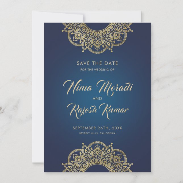 Save The Date Mariage indien, Save the Date, Bleu et or (Devant)