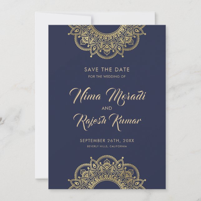 Save The Date Mariage indien, Save the Date, Bleu et or (Devant)
