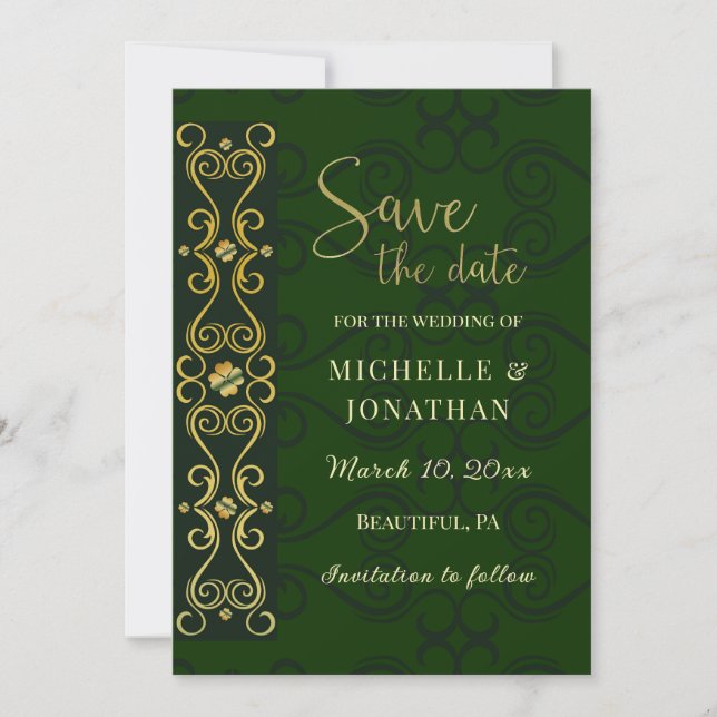 Save The Date Mariage irlandais élégant or Abstrait vert foncé (Devant)