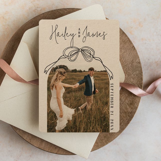 Save The Date Mariage Kraft Photo Moderne Arc Dessiné à la Main  (Rustic kraft boho trendy black hand drawn bow modern arch photo classy wedding rounded save the date)