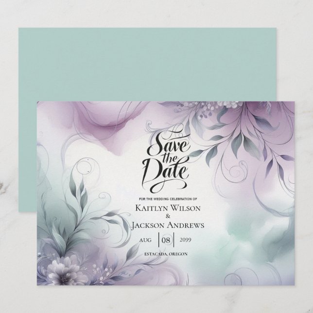 Save The Date Mariage Lavender Mist et Whispers aquarelle (Devant / Derrière)