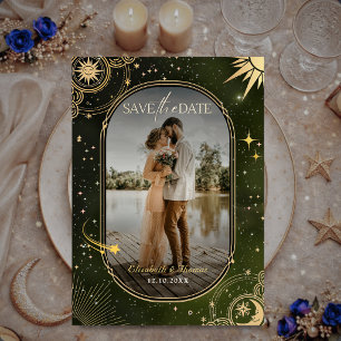 Save The Date Mariage Lune Soleil Vert Olive Céleste