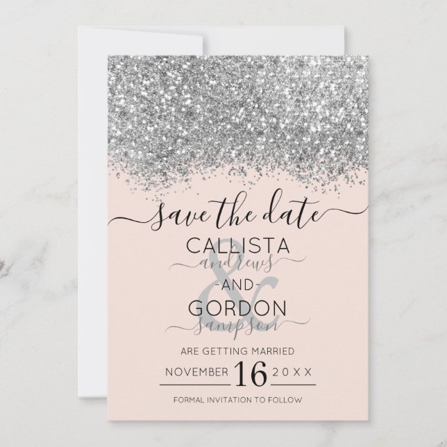 Save The Date Mariage Luxe Pailletté Confettis Rose Argenté (Devant)