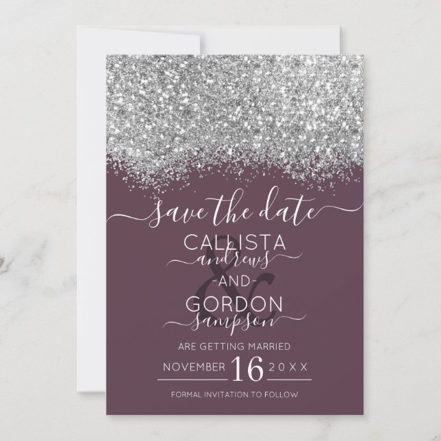 Save The Date Mariage Luxe Paillettes Argent Violet Confettis (Devant)