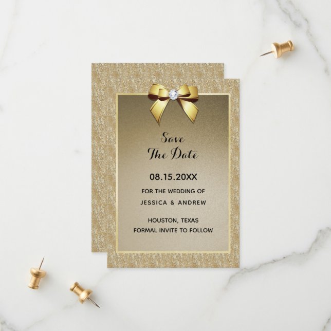 Save The Date Mariage Luxueux Or et Bijou Élégant (Devant/Arrière en situation)