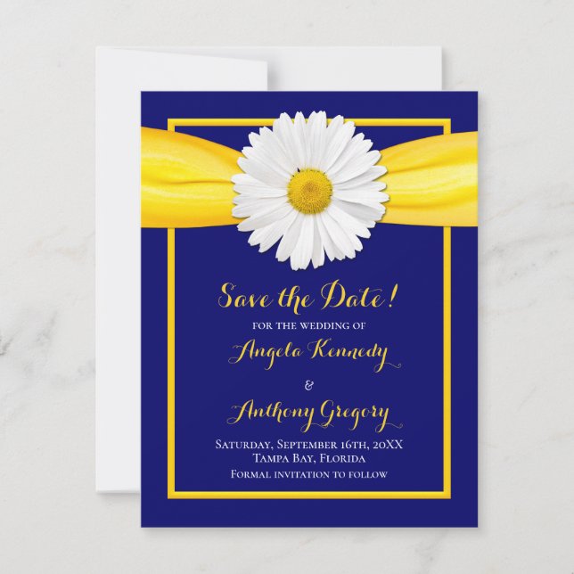 Save The Date Mariage Marguerite Shasta Ruban Jaune Bleu Nuit (Devant)
