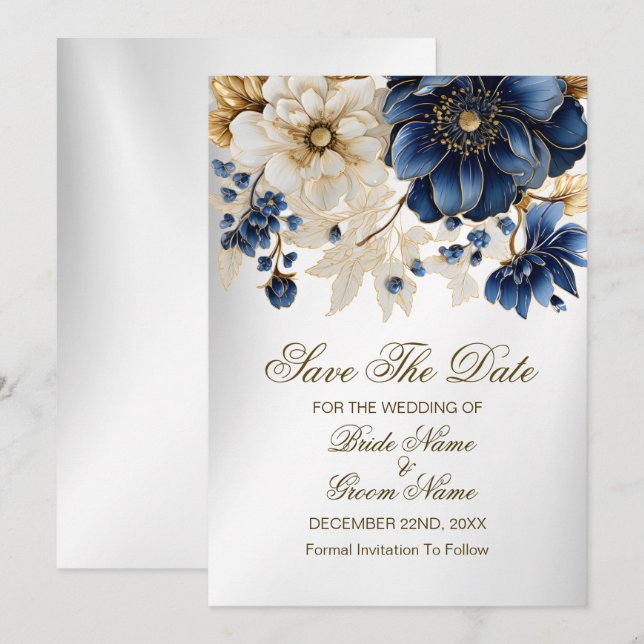 Save The Date Mariage Marine Bleu Blanc Or Floral Argent (Devant / Derrière)
