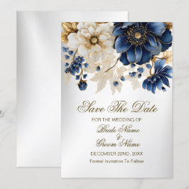 Save The Date Mariage Marine Bleu Blanc Or Floral Argent