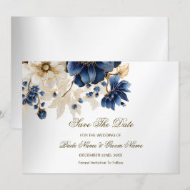 Save The Date Mariage Marine Bleu Blanc Or Floral Argent