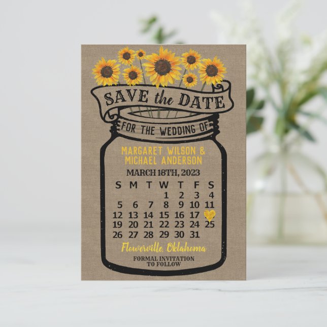 Save The Date Mariage Mason Jar Tournesols Mars 2023 Calendrier (Debout devant)