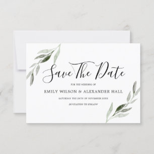 Save The Date Mariage Moderne à Feuille Verte Aquarelle