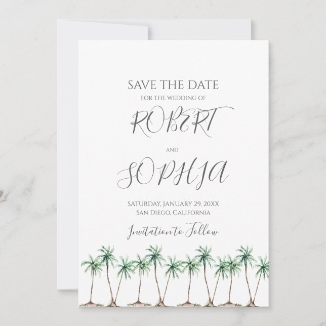 Save The Date Mariage Moderne à l'Aquarelle avec Palmier (Devant)