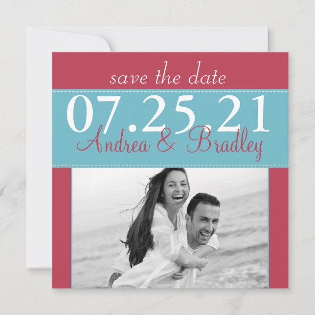 Save The Date Mariage Moderne Aqua Bleu Rouge Photo Enregistrer  (Devant)