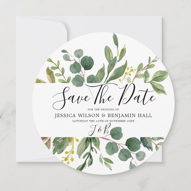 Save The Date Mariage Moderne aux Feuilles Vertes Aquarelle (Devant)
