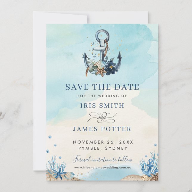 Save The Date Mariage Moderne de Plage d'Ancre Nautique Chic (Devant)