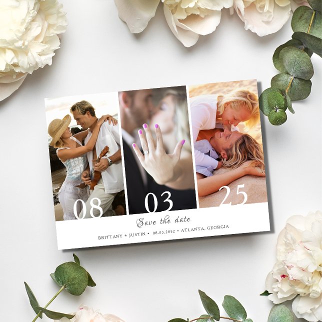 Save The Date Mariage moderne de trois photos Sauvez la date (Modern Three Photo Wedding Save the Date)