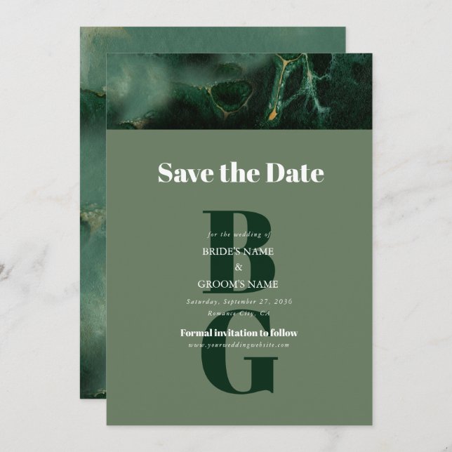 Save The Date Mariage moderne en marbre vert (Devant / Derrière)