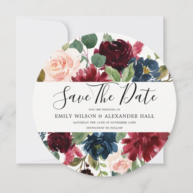 Save The Date Mariage Moderne Fleurs Aquarelle Bourgogne (Devant)