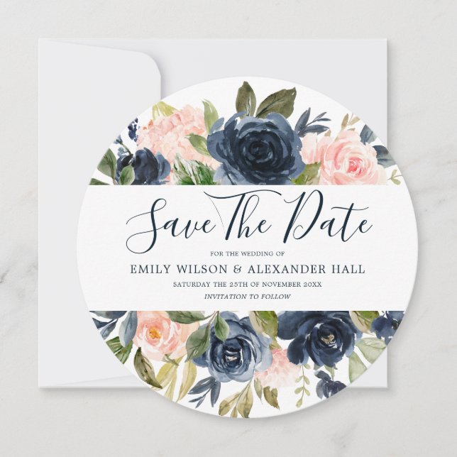Save The Date Mariage Moderne Floral Aquarelle Rose & Nuit (Devant)