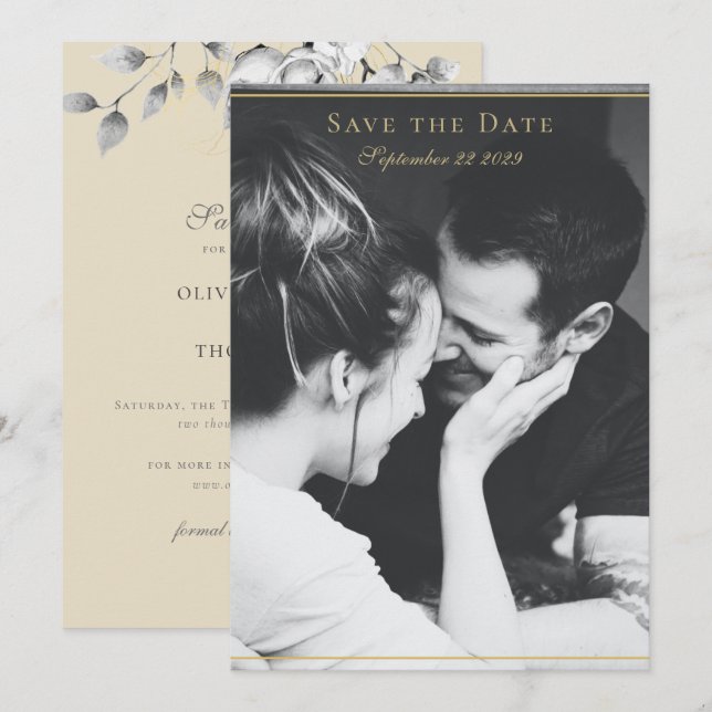 Save The Date Mariage moderne Floral Wreath Black White Gold (Devant / Derrière)