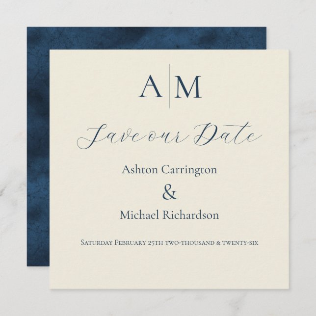 Save The Date Mariage Moderne Monogramme Écru Bleu  (Devant / Derrière)