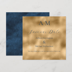 Save The Date Mariage Moderne Monogramme Or Bleu 