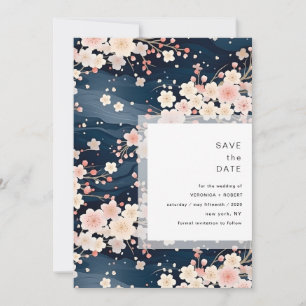 Save The Date Mariage Moderne Navy Vagues Fleur de Cerisier