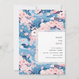 Save The Date Mariage Moderne Navy Vagues Fleur de Cerisier