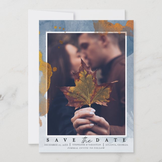 Save The Date Mariage Moderne Photo Bleu Poussiéreux Enregistrer (Devant)