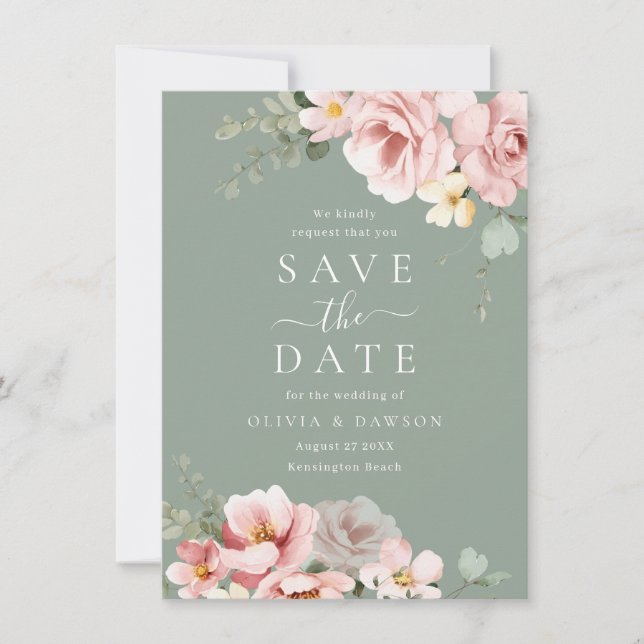 Save The Date Mariage Moderne Rose Pâle & Vert Sage (Devant)