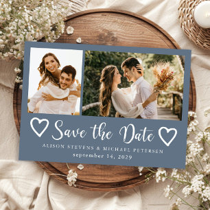 Save The Date Mariage moderne rustique 2 photos bleu poussiéreux