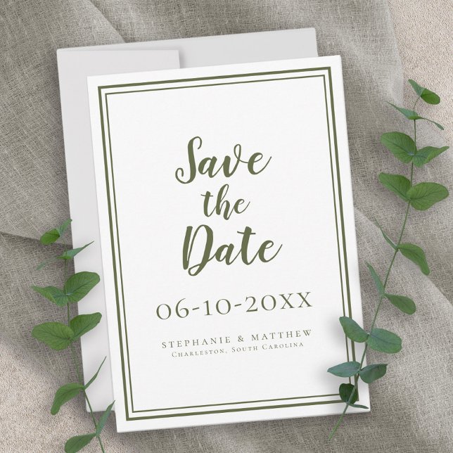 Save The Date Mariage Moderne Simple Classique Vert Olive Écritu (Modern Olive Green Wedding Script Simple Classic Save The Date)