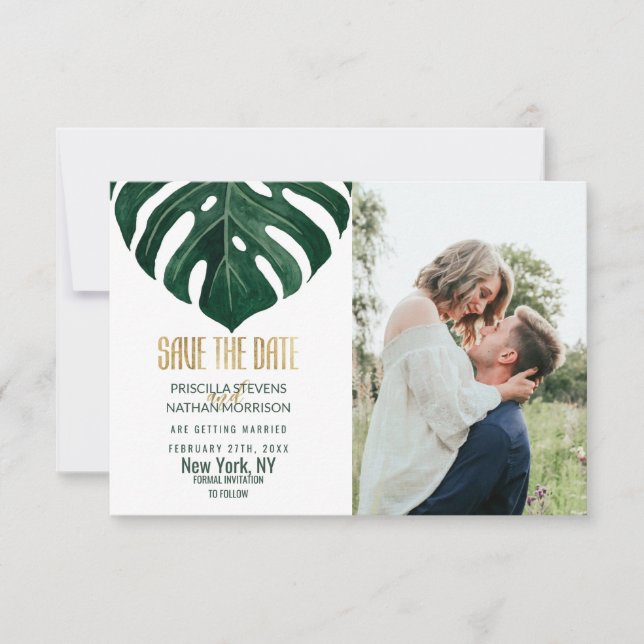 Save The Date Mariage moderne Tropical Suisse feuille d'or au fr (Devant)