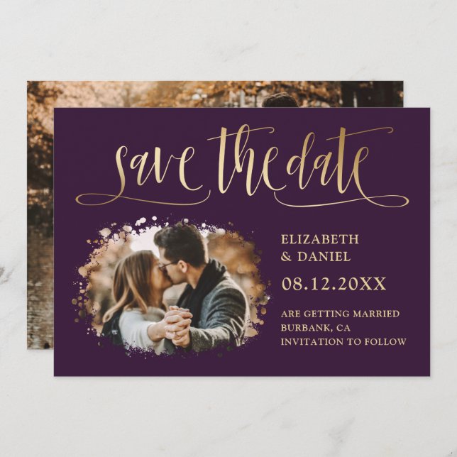 Save The Date Mariage moderne violet or photo Enregistrer la dat (Devant / Derrière)