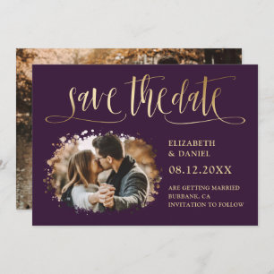 Save The Date Mariage moderne violet or photo Enregistrer la dat